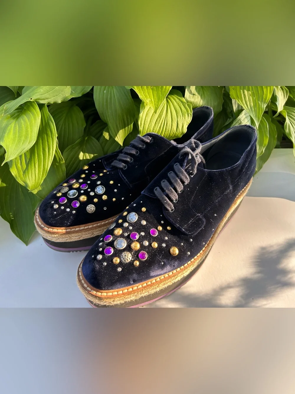 PRADA Velvet Platform Oxford Espadrille Embellished Crystals Shoes Size 40